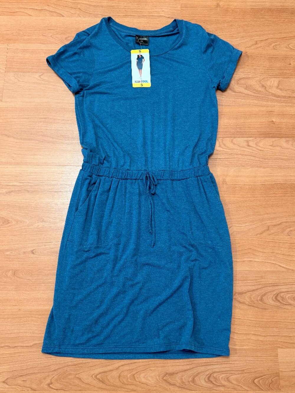 32 Degrees Cool Womens Short Sleeve Dress Heather Quiet Teal Drawstring Waist S